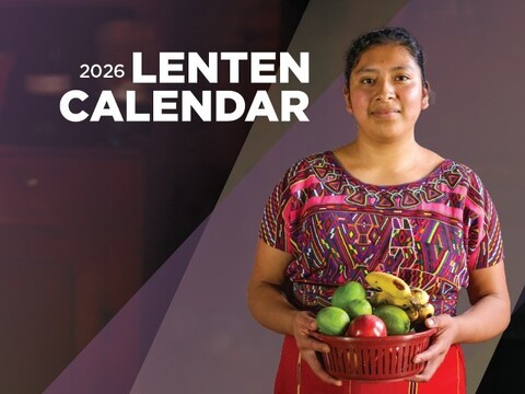 Woman holding bowl of fruit with Lenten Calendar word overlay