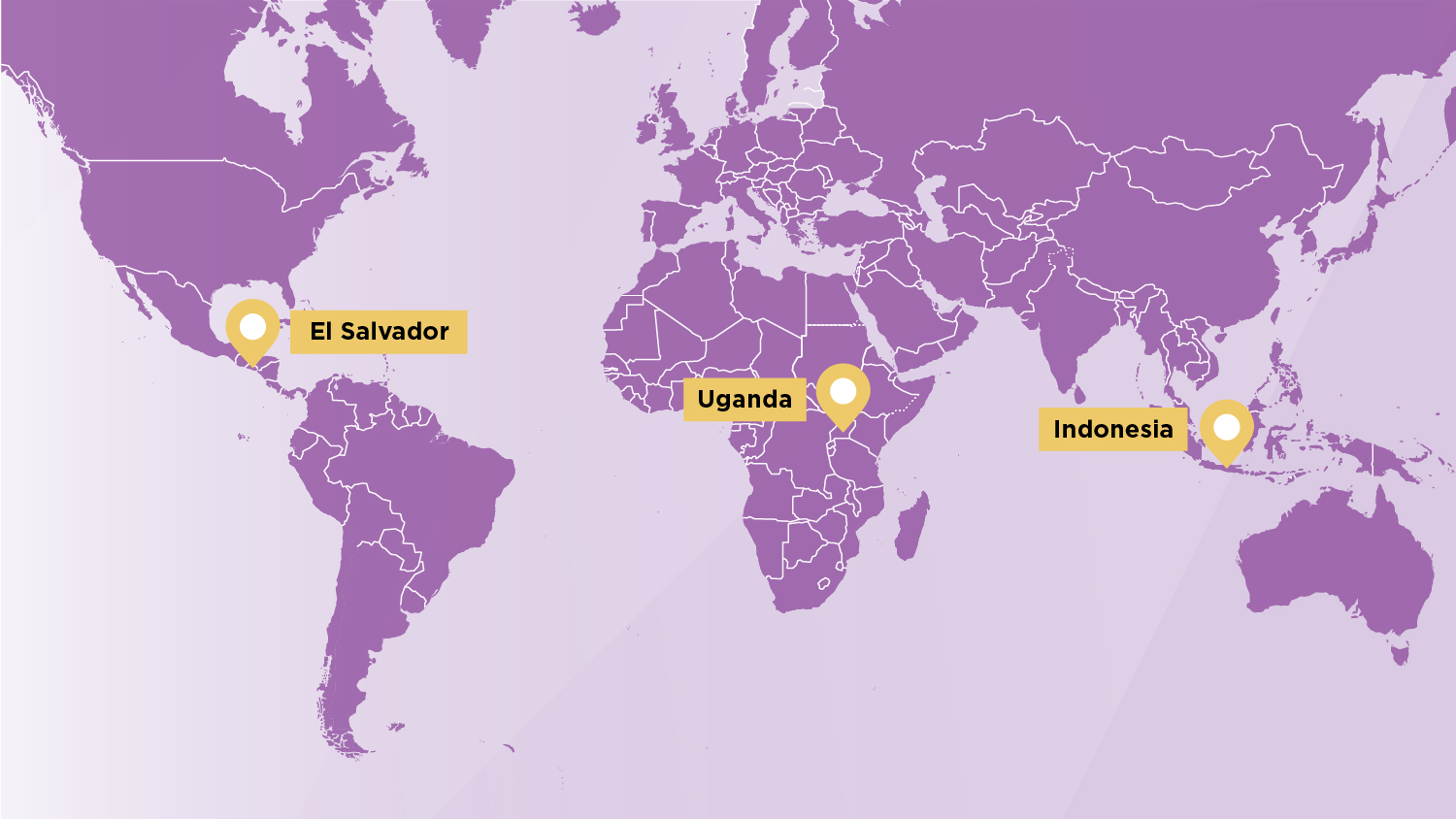 map of the world highlighting El Salvador, Uganda, and Indonesia